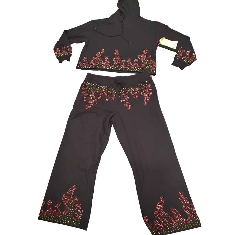 Kreamy Black Rhinestone‎ Flame Cropped Hoodie and Sweatpants Set 2X NEW